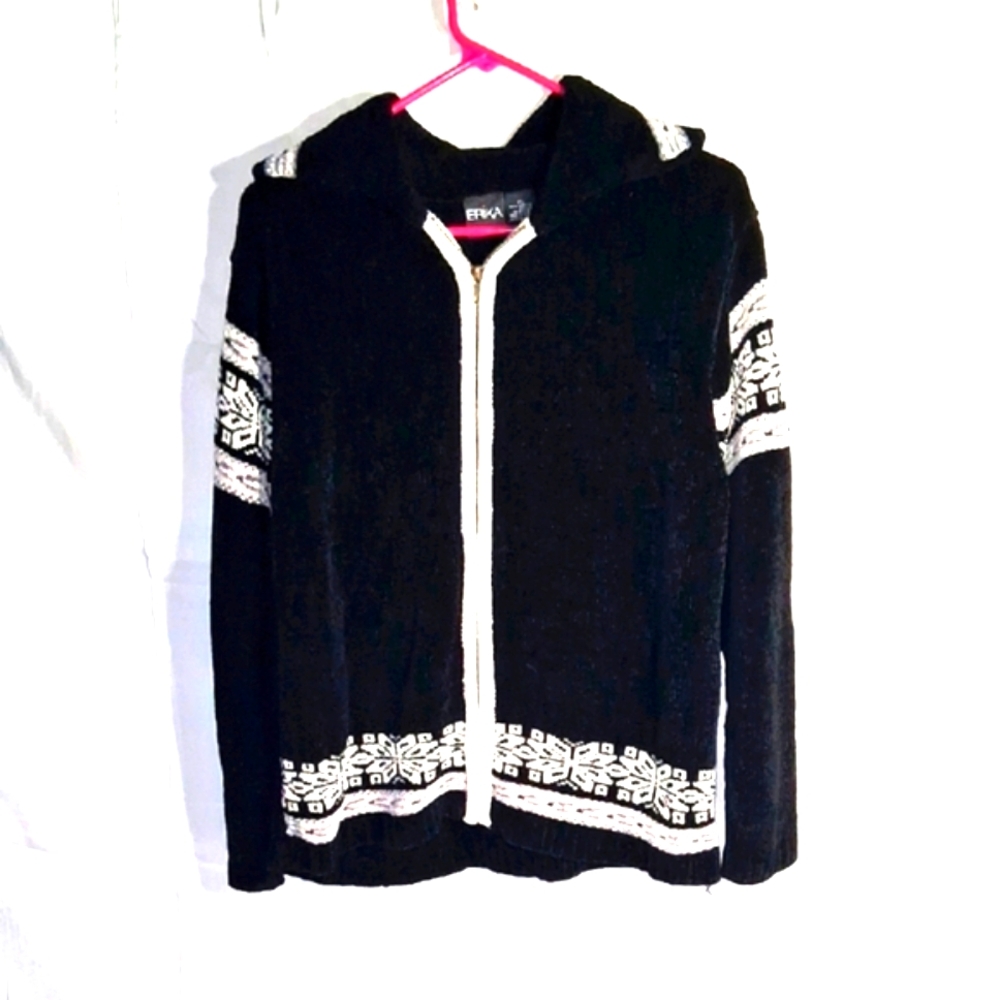 Erika Cardigan Womens PL Black Full Zip Collared Fair Isle Chenille Cozy Nordic